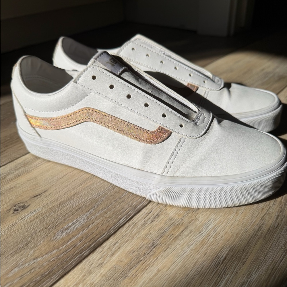 Vans Women’s 9.5 Leather Sneakers – White with Rose Gold Detail